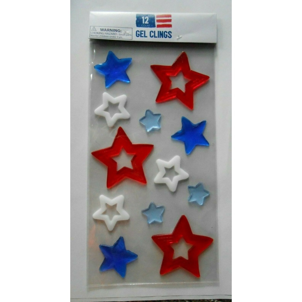 NEW USA Red White And Blue Stars 4th of July Gel‎ Window Stickers Clings 12 ct